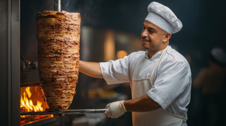 A skilled chef meticulously prepares traditional doner kebab on a vertical rotisserie, surrounded by enticing flames and smoke in a bustling kitchen environment.の素材