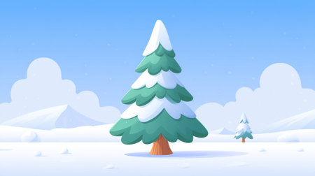 A delightful winter scene featuring a tall Christmas tree adorned with snow under a clear blue sky, evoking warmth and festive cheer in a serene landscape.の素材