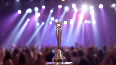 A beautiful sparkling trophy stands proudly on its pedestal, illuminated by vibrant lights, as an enthusiastic crowd celebrates at an award ceremony, capturing the essence of achievement.の素材