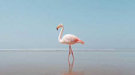 A solitary pink flamingo gracefully walks along a sunny beach with its reflection shimmering in the shallow water, creating a serene tropical atmosphere.の素材