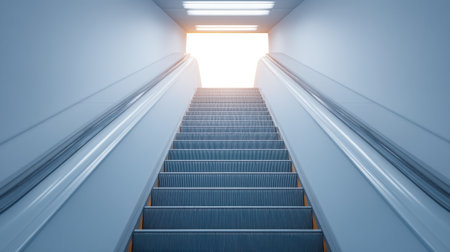This image features a bright escalator illuminated by soft light, leading to an inviting open space in a modern inn, highlighting contemporary architectural elements.の素材