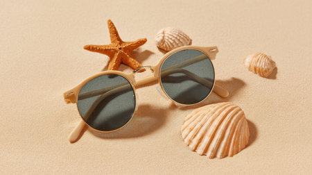 Enhance your summer vibe with these round sunglasses artfully arranged with a starfish and seashells on a sandy beach. A perfect aesthetic for coastal photography.の素材