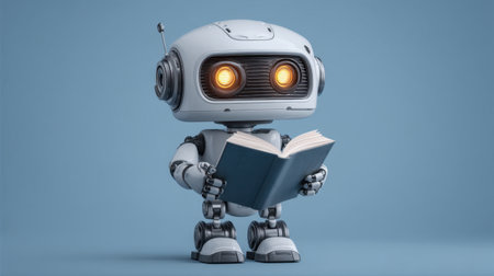 A delightful robot assistant with glowing eyes captivated in reading a book, perfect for imaginative visuals in storytelling, design, and educational themes.の素材