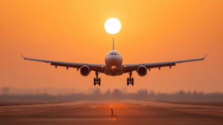 Captured during the golden hour, this breathtaking image features an airplane taking off with the sun creating a stunning flare in the background, symbolizing departure.の素材
