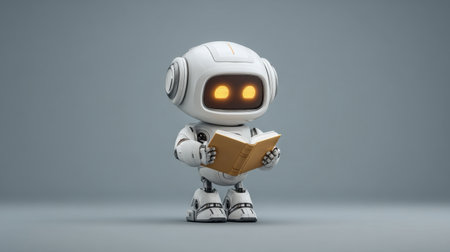 A charming robot assistant with glowing eyes engages in reading a book, perfect for illustrating themes of technology, creativity, and learning in a minimalistic setting.の素材
