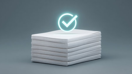 A glowing checkmark symbol hovers above a neatly arranged stack of digital documents, symbolizing approval and success in a modern office setting. Ideal for business themes.の素材