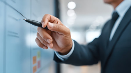 A business manager engages with a touchscreen display to review important milestones in a dynamic office setting, showcasing technology in strategic planning and analysis.の素材