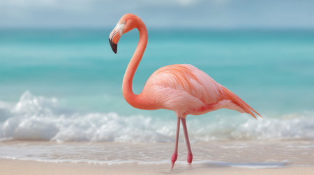 Capture the elegance of a flamingo standing gracefully on a sandy beach, surrounded by turquoise waters and gentle waves, embodying tropical serenity and beauty.の素材