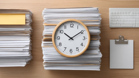 A modern workspace featuring a round clock on top of stacked paper documents, a sleek keyboard, and a clipboard, perfect for conveying organization and productivity.の素材