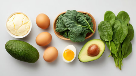 Discover a vibrant arrangement of healthy foods rich in Vitamin K2, including eggs, kale, spinach, and avocado, ideal for nutritious meal preparation.の素材