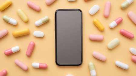 A mobile smartphone lies at the center of a colorful arrangement of pills, symbolizing the integration of telemedicine and healthcare technology in modern life.の素材