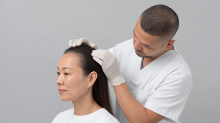 Experience a modern medical spa session focused on hair therapy, where a skilled doctor provides personalized treatment to enhance scalp health and overall well-being.の素材