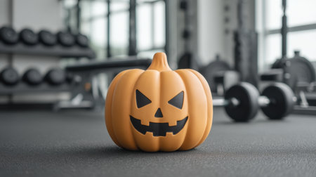 A vibrant Halloween themed gym setup featuring a playful pumpkin decoration. This engaging scene captures the essence of fitness during the festive season.の素材