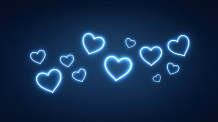 A captivating arrangement of glowing blue neon hearts on a dark gradient backdrop creates a romantic ambiance. Ideal for love-themed projects and decorations.の素材
