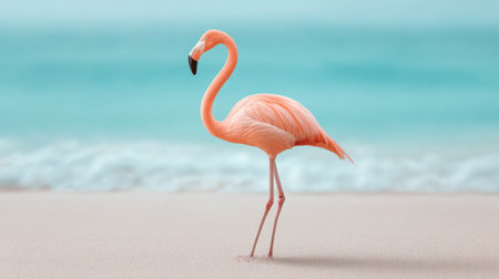 Stunning image of a graceful flamingo with a curved neck standing elegantly on the shoreline, surrounded by turquoise waters and gentle waves, capturing the essence of nature's beauty.の素材