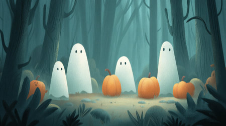 A whimsical illustration of friendly ghosts gathered around glowing pumpkins in a misty forest, creating a playful and enchanting Halloween atmosphere.の素材