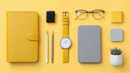A vibrant flat lay arrangement showcasing essential business tools and stylish accessories in yellow, perfect for time management and organization visuals.の素材