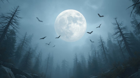 Experience a spooky Halloween scene with a ghostly fog enveloping a haunted forest, highlighted by a large full moon and flying bats soaring through the night sky.の素材
