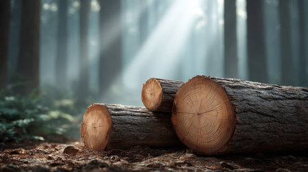A captivating scene in a lush forest featuring cut logs resting on the ground, illuminated by gentle sunlight streaming through tall trees above, promoting tranquility.の素材