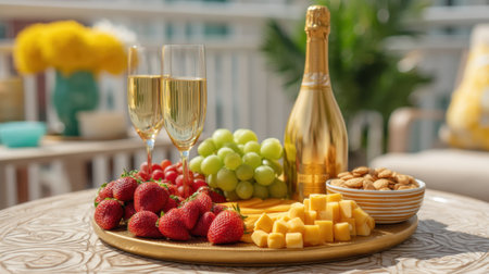 A chic rooftop table setting featuring vibrant fruits, elegant snacks, and refreshing beverages, perfect for a summer gathering filled with joy and relaxation.の素材
