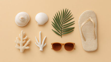 Discover a vibrant indoor flat lay featuring seashells, coral, sunglasses, and palm leaves, capturing the essence of tropical relaxation and coastal charm.の素材
