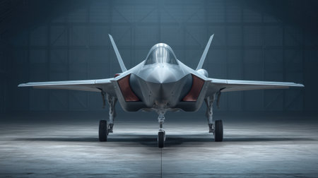 This image captures a stealth fighter jet parked in a dimly lit hangar, emphasizing its modern design, advanced aerodynamics, and military technology.の素材