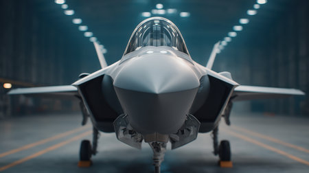 Discover the stunning details of a fighter jet captured in a dim hangar, highlighting its sleek nose and sophisticated cockpit design. Ideal for aviation themes.の素材