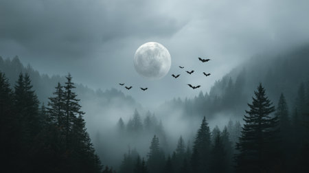 Capture the essence of Halloween with this haunting scene featuring a foggy forest, flying bats, and a luminous full moon illuminating the dark landscape.の素材