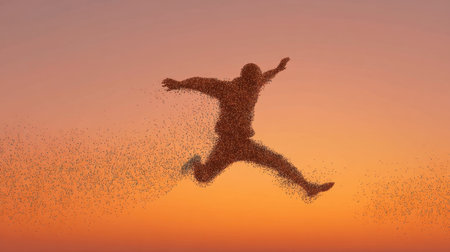 This captivating image showcases a man joyfully leaping against a stunning sunset sky, filled with colorful particles, symbolizing freedom and the exhilaration of life's moments.の素材