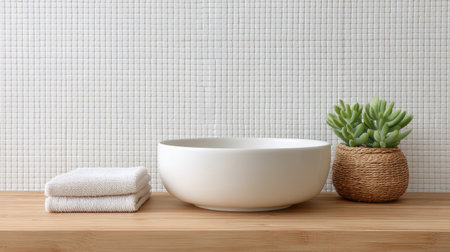 Discover a serene bathroom scene showcasing a white sink on a wooden countertop, accompanied by neatly folded towels and a stylish plant, perfect for modern decor inspiration.の素材