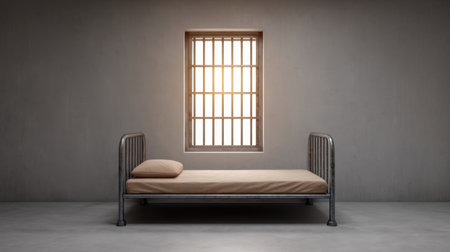 This image depicts a stark prison cell with a minimal design, featuring an iron bed and a small barred window, creating a contrast between confinement and light.の素材