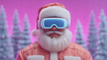 Experience the magic of a virtual reality Santa in a vibrant neon winter setting, surrounded by frosty trees, capturing the essence of modern holiday joy and fun.の素材