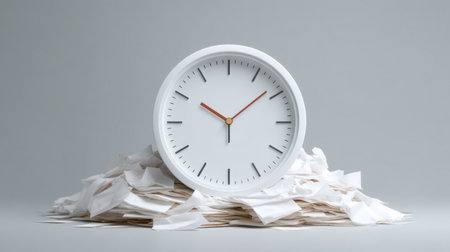 A minimalist clock rests atop a pile of paperwork, symbolizing the urgency and stress of bureaucracy in modern office environments. This image evokes themes of time management and organization.の素材