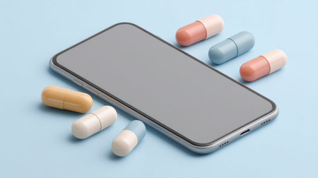 Explore a modern healthcare concept featuring a smartphone alongside colorful pill bottles on a serene blue backdrop, highlighting the intersection of technology and wellness.の素材