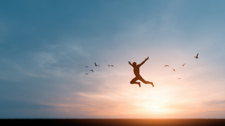 A dynamic figure leaps joyfully against a glowing sunset, surrounded by floating birds, creating a vibrant and optimistic atmosphere of freedom and adventure.の素材