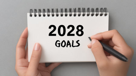 A close-up view of a hand writing "2028 Goals" in a notepad symbolizes motivation and determination to achieve future objectives and aspirations.の素材