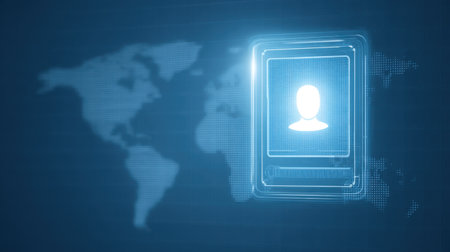 A sleek and modern holographic interface representing identity verification, set against a world map background, showcasing digital authentication and security technologies.の素材