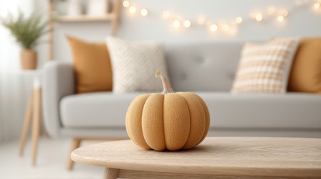 A cozy home setting adorned for a Halloween party, showcasing a charming pumpkin on a wooden table. Soft drapes and warm lighting enhance the festive autumn atmosphere.の素材