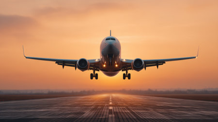 A stunning image of a jet lifting off from the runway with a vibrant glowing sunset in the background, capturing the essence of travel and adventure in the sky.の素材