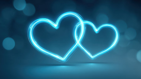 This vibrant image features two bright neon blue hearts on an abstract background, perfect for conveying love and joy during romantic occasions like Valentine's Day.の素材
