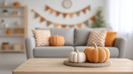 A cozy living room featuring a stylish sofa adorned with pumpkins and an autumn garland, creating a cheerful and inviting atmosphere for the Halloween season.の素材
