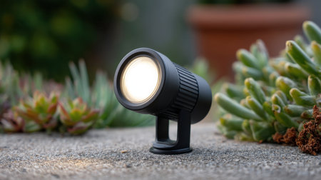 A soft LED spotlight is placed in a beautifully landscaped garden, casting gentle light on plants, creating a peaceful and inviting outdoor atmosphere.の素材