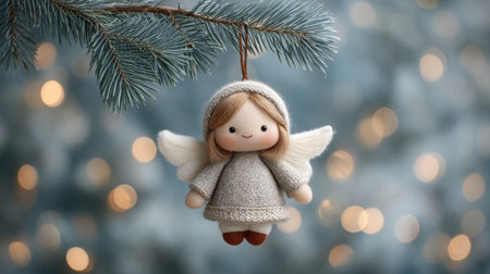 A delightful angel ornament hangs on a pine twig, surrounded by twinkling lights, capturing the essence of holiday cheer and warmth in this charming scene.の素材