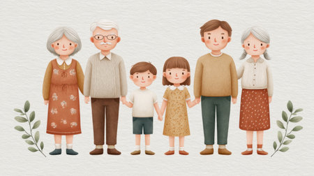 This delightful watercolor artwork captures a multigenerational family holding hands with warmth and joy, ideal for celebrating family bonds and togetherness in any space.の素材