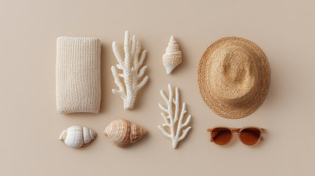 Discover a stunning flat lay design showcasing beach essentials including seashells, coral, a straw hat, and sunglasses on a soothing neutral background. Perfect for summer vibes.の素材