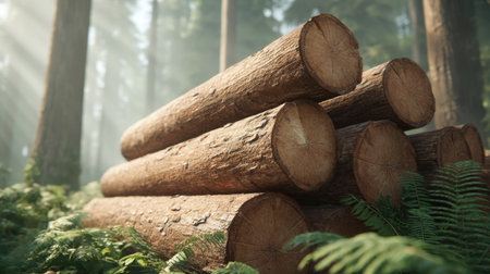 Discover a serene scene featuring cut logs stacked in a vibrant forest. Tall trees filter sunlight, showcasing the beauty of the lush natural environment.の素材