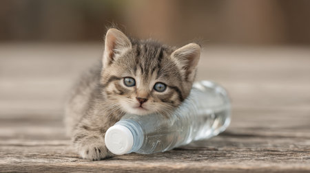 A charming gray kitten is comfortably resting on a plastic bottle, gazing curiously with its bright eyes, capturing a moment of innocence and playfulness.の素材