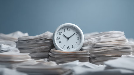 A visual representation of lost time amidst a sea of paperwork, featuring a clock symbolizing urgency and stress in a cluttered office environment.の素材
