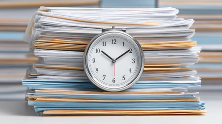 Explore the concept of time lost amidst overwhelming stacks of paperwork, depicted by a clock signaling urgency in managing daily responsibilities and deadlines.の素材