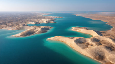 Stunning aerial view showcasing a tranquil desert oasis, featuring turquoise waters and smooth sand dunes under bright daylight, ideal for nature enthusiasts.の素材